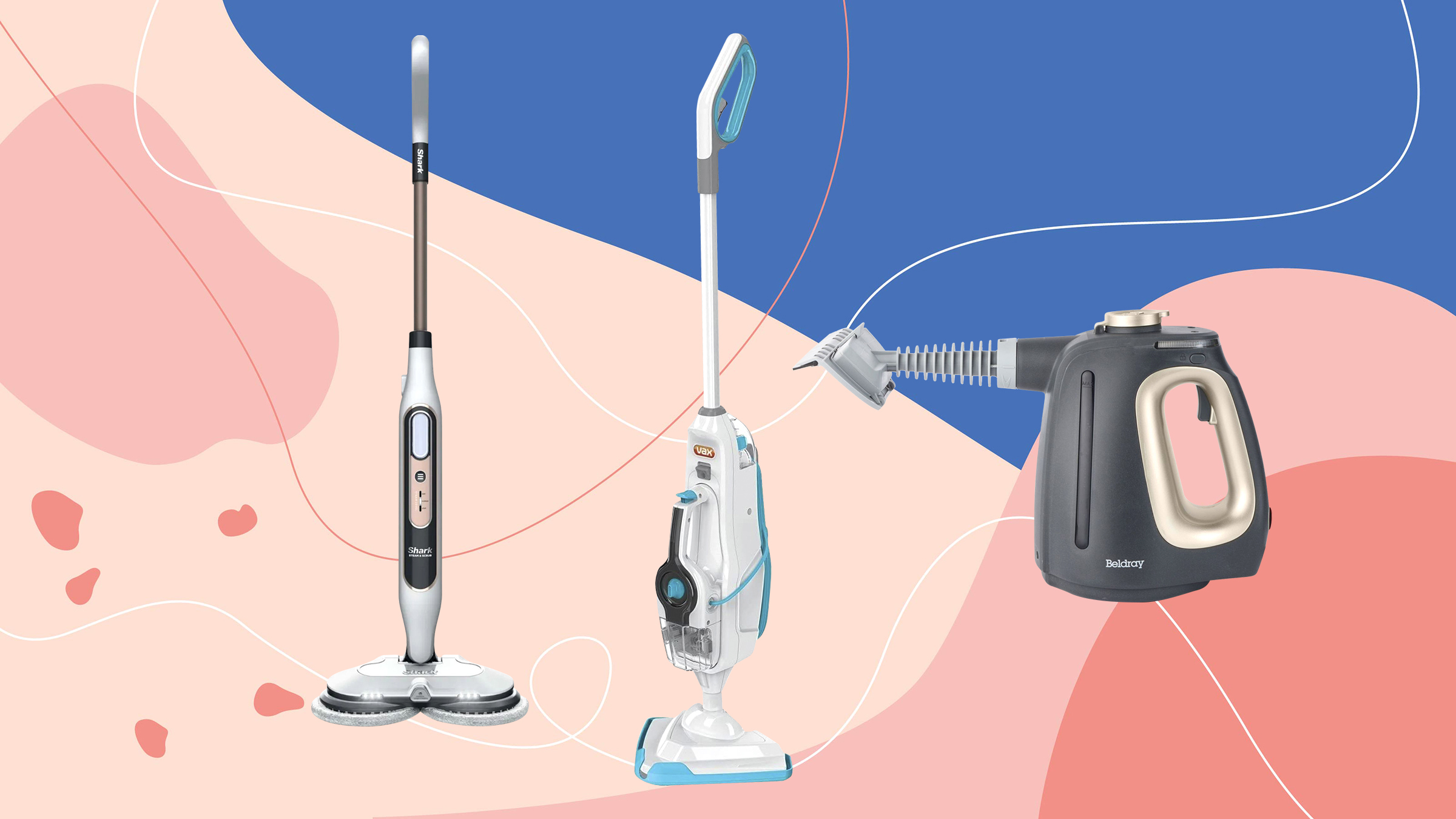 A Shark, VAX and Beldray steam cleaner on a pink and blue background