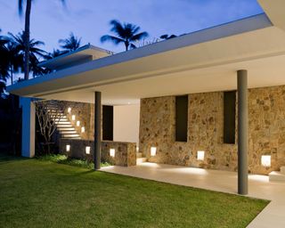 modern front yard with lighting
