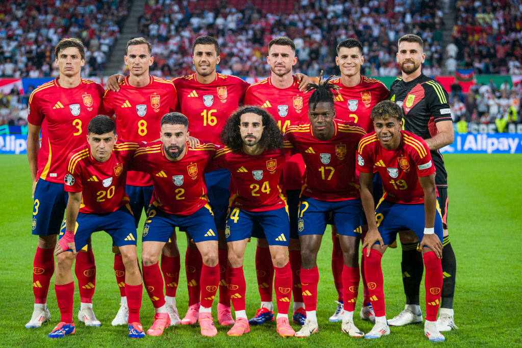 Spain Euro 2024 squad pain squad poses for team photo with Robin Le Normand, Fabi&amp;aacute;n Ruiz, Rodrigo Cascante, Aymeric Laporte, Alvaro Morata, Goalkeeper Unai Sim&amp;oacute;n, Pedri L&amp;oacute;pez, Dani Carvajal, Marc Cucurella, Nico Williams and Lamine Yamal during the UEFA EURO 2024 round of 16 match between Spain and Georgia at Cologne Stadium on June 30, 2024 in Cologne, Germany. (Photo by Marcio Machado/Eurasia Sport Images/Getty Images)