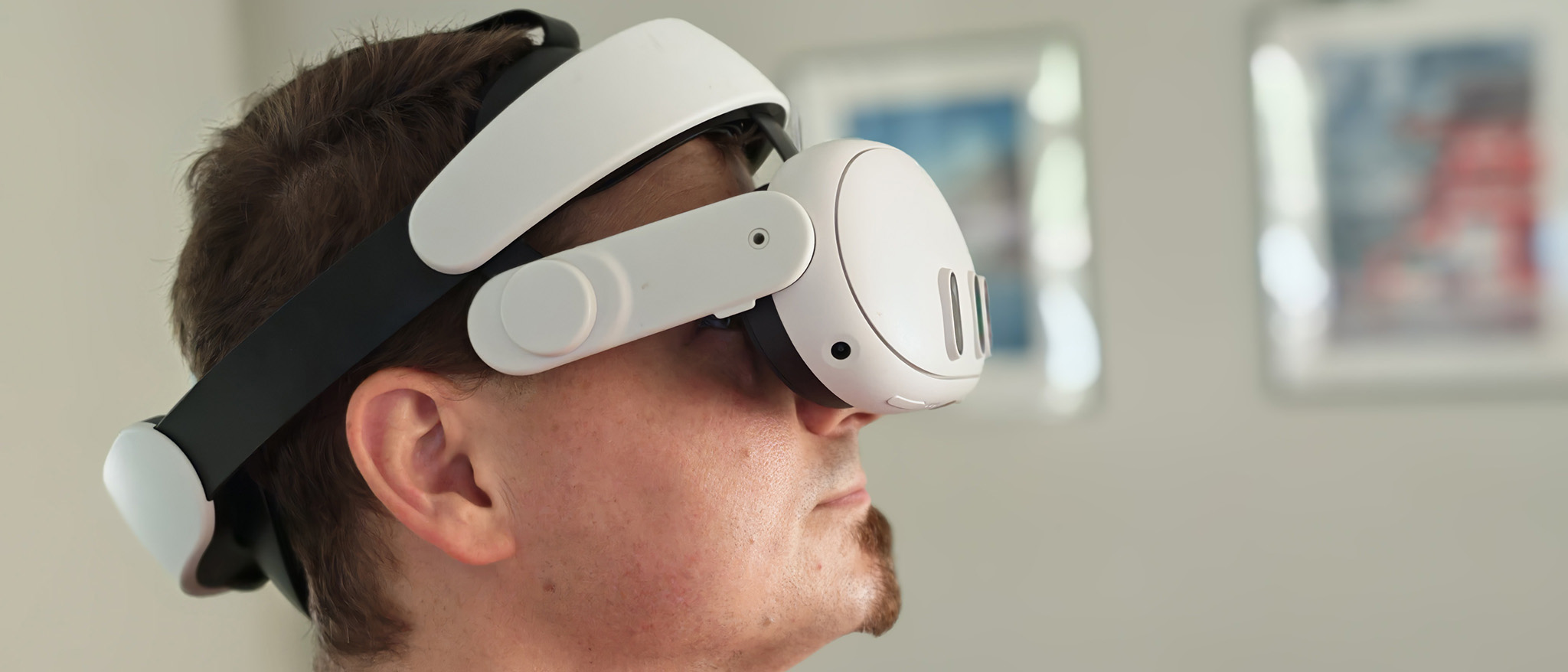 Wearing a Meta Quest 3 with a Kiwi Design halo headstrap and no facial interface