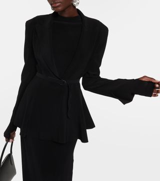 Belted Peplum-Hem Jersey Blazer