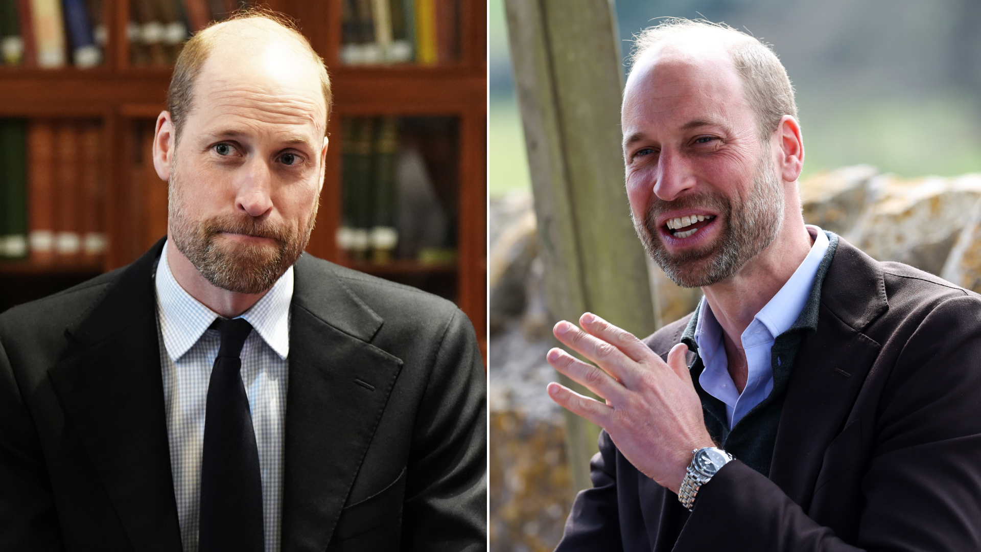 Prince William looks serious while wearing a black suit with a white shirt and a black tie