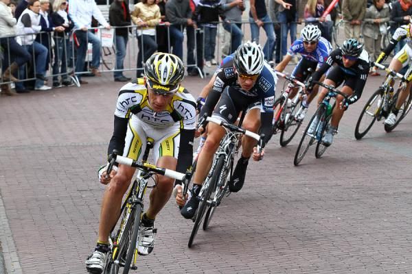 Marco Pinotti (HTC-Columbia) leads the peloton.