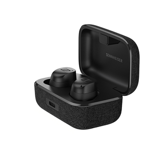 The Sennheiser Momentum True Wireless 3 earbuds pictured in their charging case