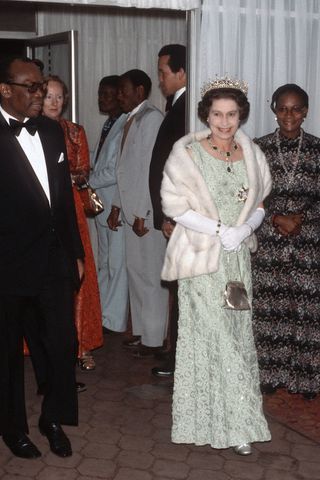 Queen Elizabeth at a dinner in Botswana in 1979
