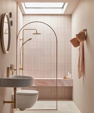 A pink and white striped bathroom