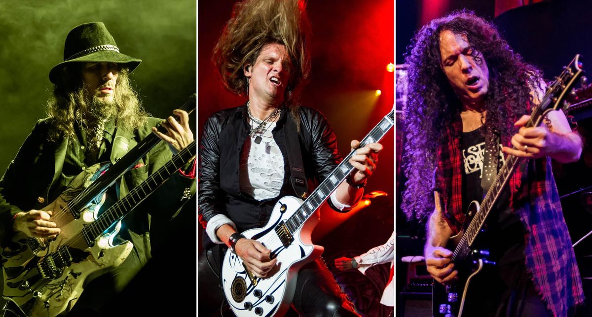 [L-R] A composite image of Ron &quot;Bumblefoot&quot; Thal, Joel Hoekstra, Marty Friedman all taking a solo live: Bumblefoot plays his double-neck. Hoekstra has his white Les Paul Custom. Friedman wears a plaid shirt and plays his PRS signature model