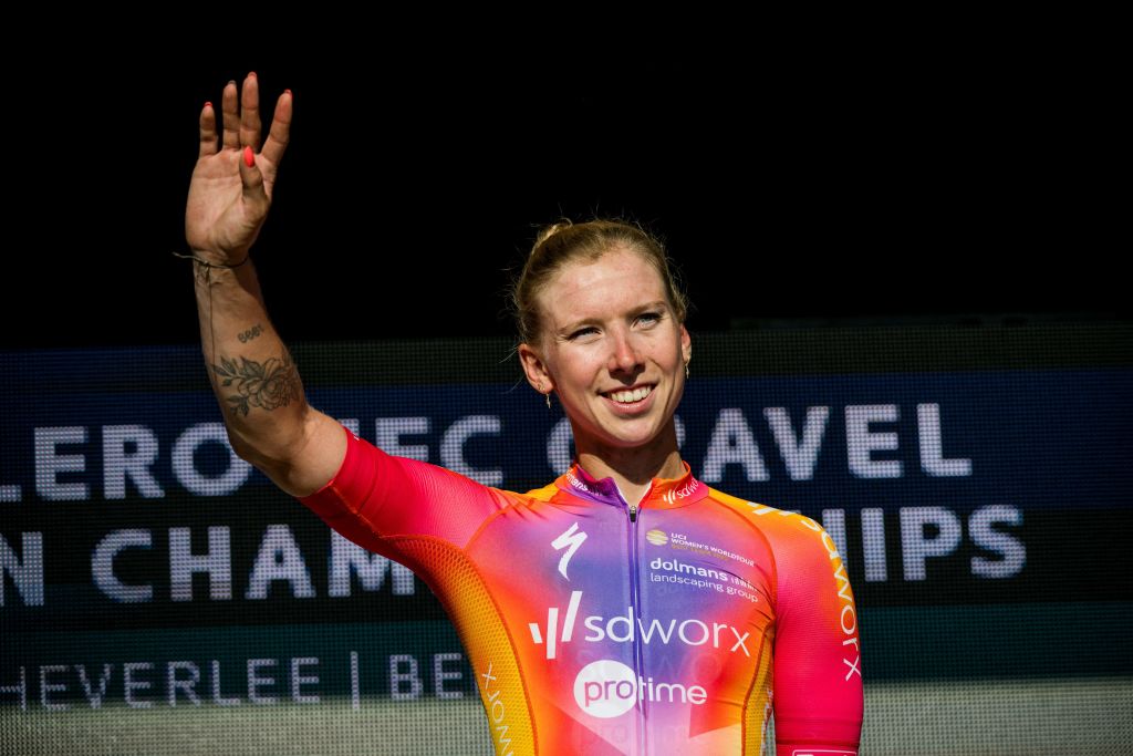 Dutch Lorena Wiebes celebrates on the podium after winning the elite race at the European and Belgian Gravel Championships Sunday 01 October 2023 in Heverlee Leuven BELGA PHOTO JASPER JACOBS Photo by JASPER JACOBS BELGA MAG Belga via AFP Photo by JASPER JACOBSBELGA MAGAFP via Getty Images