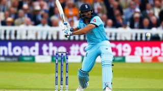 England's Liam Plunkett bats during the ICC Cricket World Cup 2019 final against New Zealand.
