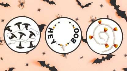 the best Halloween garlands on a pink background with black bats and spiders