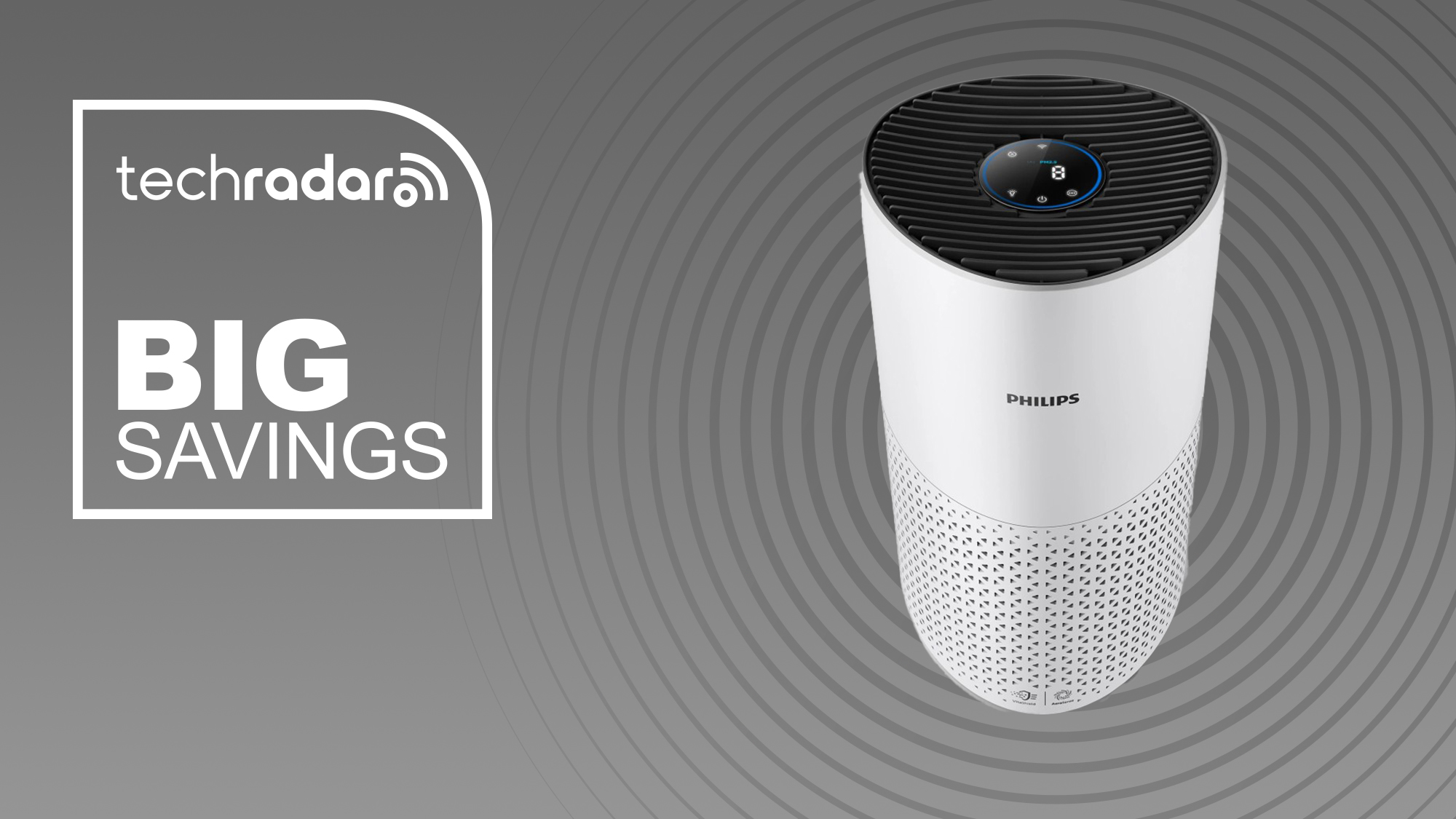 Philips 1000i Series air purifier on a grey background with big savings text