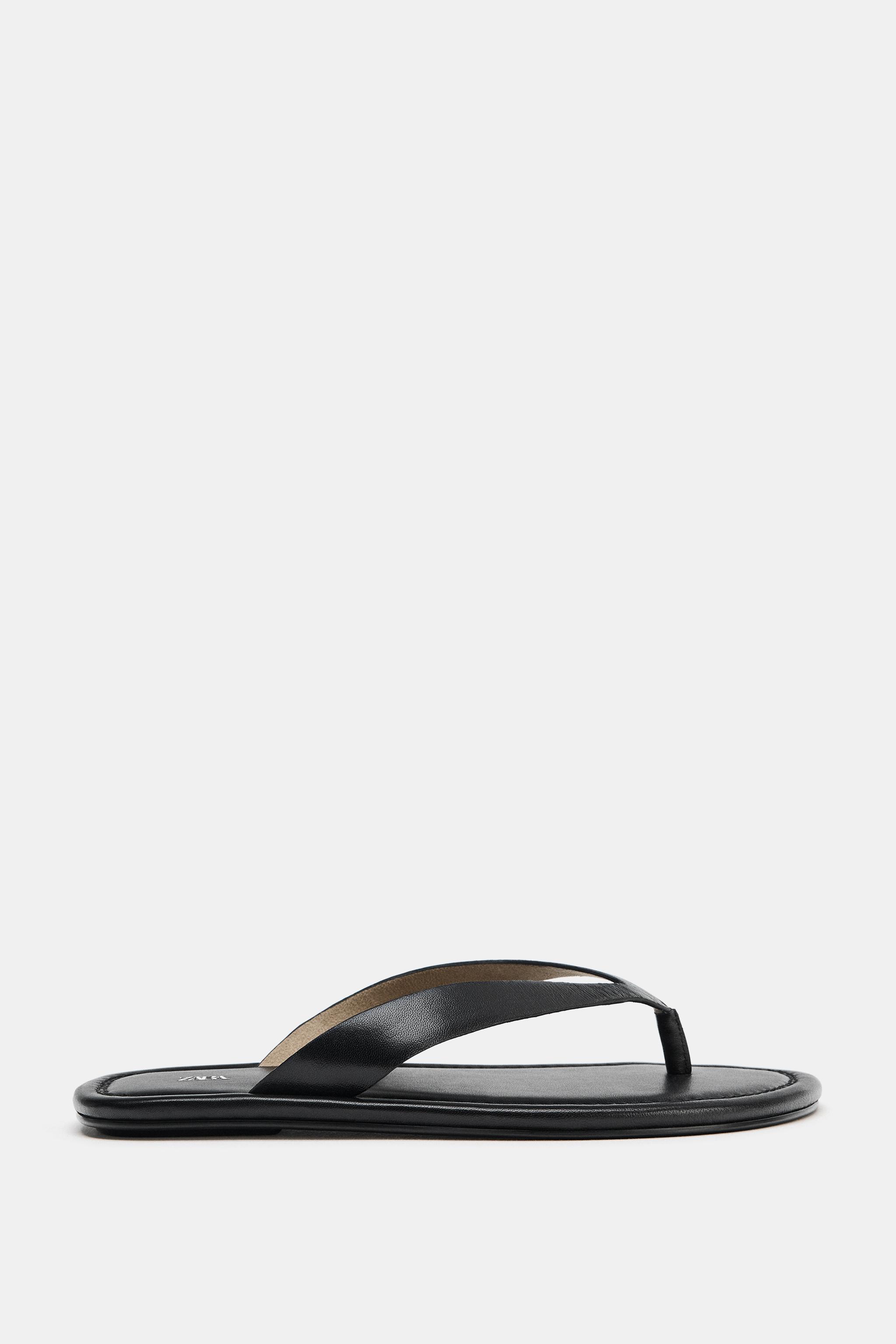 Flat Leather Sandals - Black - 5