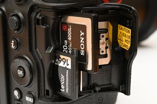 Closeup of Nikon camera memory card slots