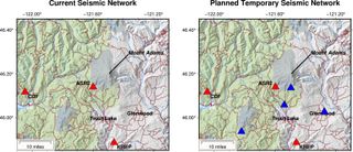 Maps of the currents and proposed seismic network station locations at Mount Adams.