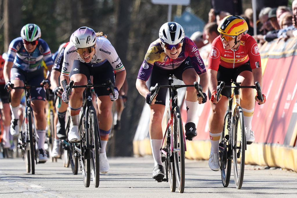 NOKERE, BELGIUM - MARCH 19: (L-R) Lara Gillespie of Ireland and Team UAE Team ADQ, race winner Marta Lach of Poland and Team SD Worx - Protime and Linda Zanetti of Switzerland and Team Uno-X Mobility sprint at finish line during the 6th Danilith Nokere Koerse 2025, Women's Elite a 132km one day race from Deinze to Nokere on March 19, 2025 in Nokere, Belgium. (Photo by Rhode Van Elsen/Getty Images)