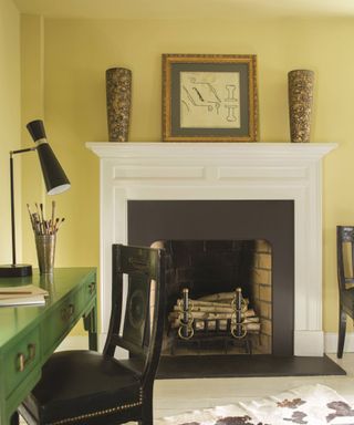 Yellow walls in a Victorian style living room with open fireplace