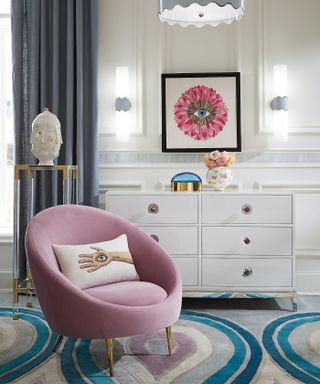 Jonathan Adler decorated room with lavender chair