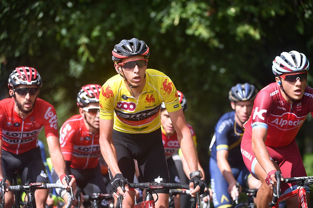 Dylan Teuns leads the group up a climb at Wallonie