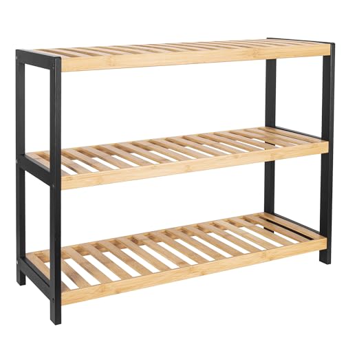 Vencier Bamboo Shoe Rack Natural &amp;ndash; Easy Assembly &amp;amp; Strong Design Stand Shelf Organizer Ideal for Corridor, Bedroom, Bathroom, Hallway &amp;amp; Small Spaces, Large Capacity (natural/black, 3 Tier)