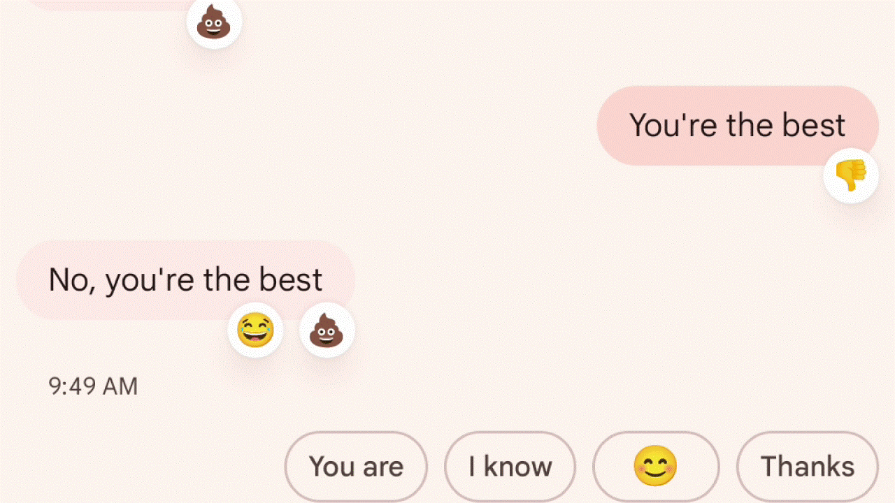 Google Messages showing new poop emoji reaction animation effect.