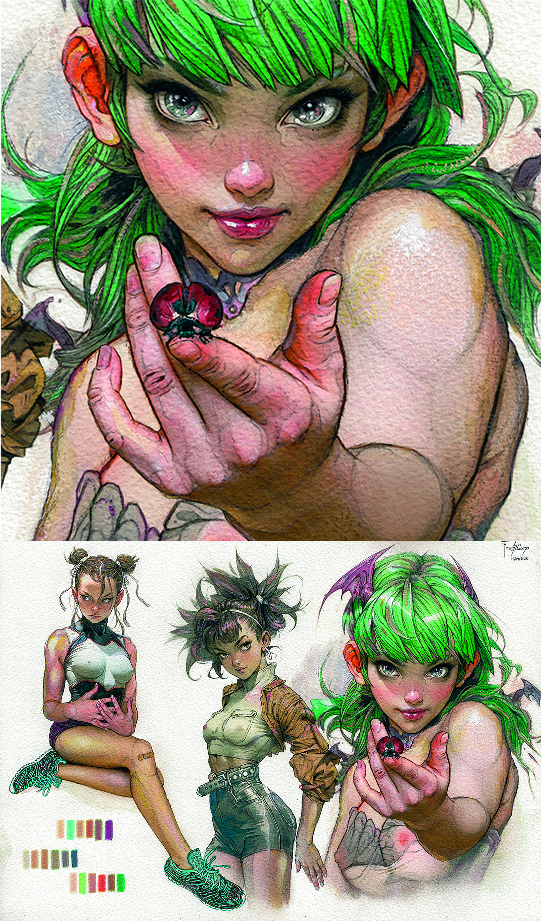 Fine art drawings of three female characters