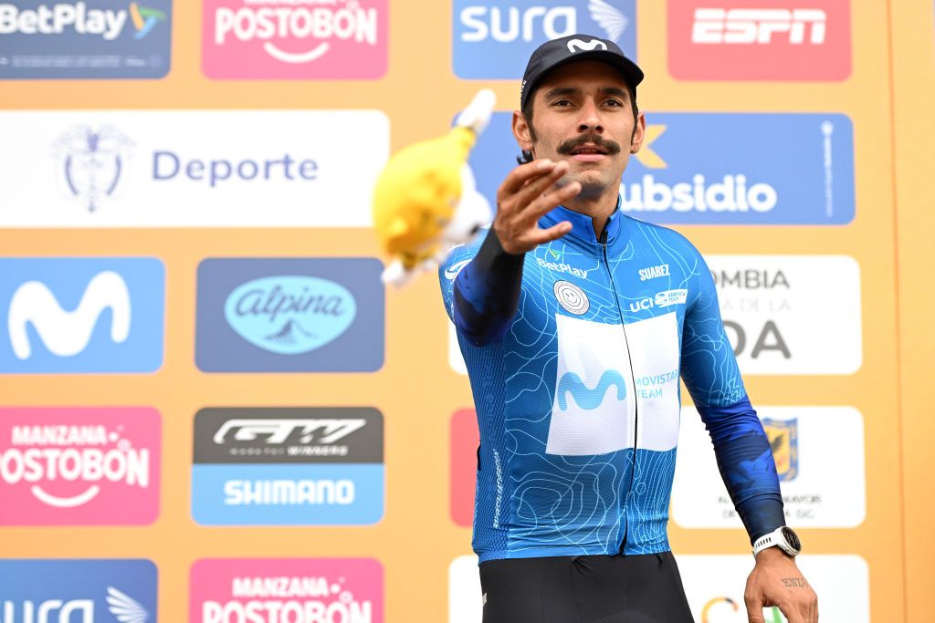 PAIPA COLOMBIA FEBRUARY 06 Fernando Gaviria of Colombia and Movistar Team celebrates at podium as Blue Fan Favorite Jersey winner during the 4th Tour Colombia 2024 Stage 1 a 1686km stage from Paipa to Santa Rosa de Viterbo 2751m on February 06 2024 in Paipa Colombia Photo by Maximiliano BlancoGetty Images