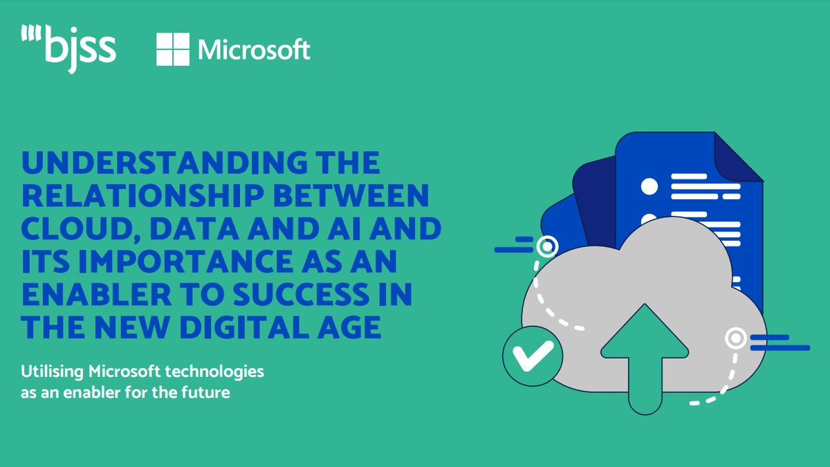 A whitepaper from BJSS discussing the relationship between cloud data and AI, and and It&#039;s importance as an enabler to success in the new digital age, with drawing of a data cloud and up arrow pointing to documents