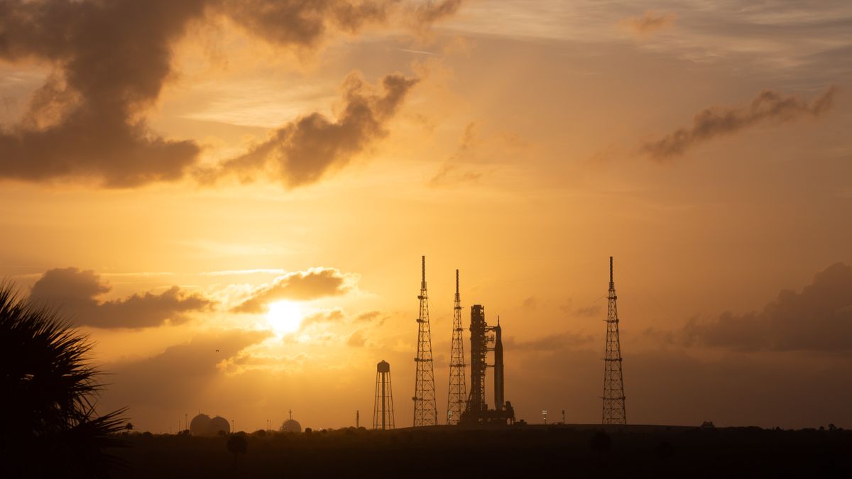 The Artemis II rocket stands on the launchpad.