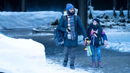 Himesh Patel and Matilda Lawler in HBO's limited series "Station Eleven" (2021)