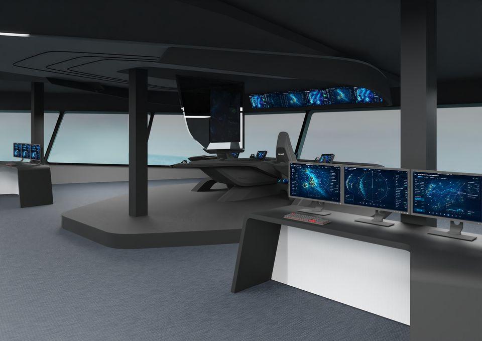 Futuristic control room with multiple computer monitors displaying complex data and maps. Sleek design, advanced technology, modern and organized.