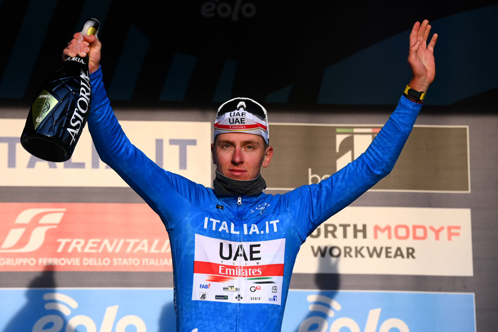 FERMO ITALY MARCH 11 Tadej Pogacar of Slovenia and UAE Team Emirates Blue Leader Jersey celebrates at podium during the 57th TirrenoAdriatico 2022 Stage 5 a 155km stage from Sefro to Fermo 317m TirrenoAdriatico WorldTour on March 11 2022 in Fermo Italy Photo by Tim de WaeleGetty Images