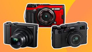 Product shots of the various best point-and-shoot cameras on an orange background