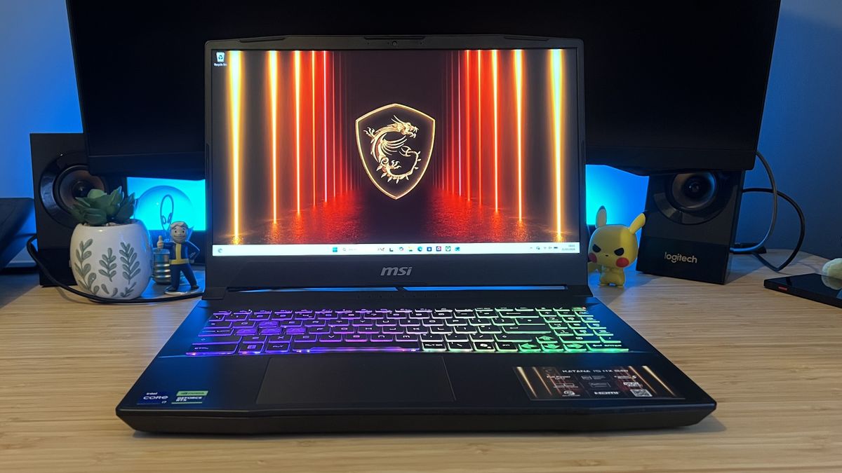 MSI Katana gaming laptop on a wooden desk