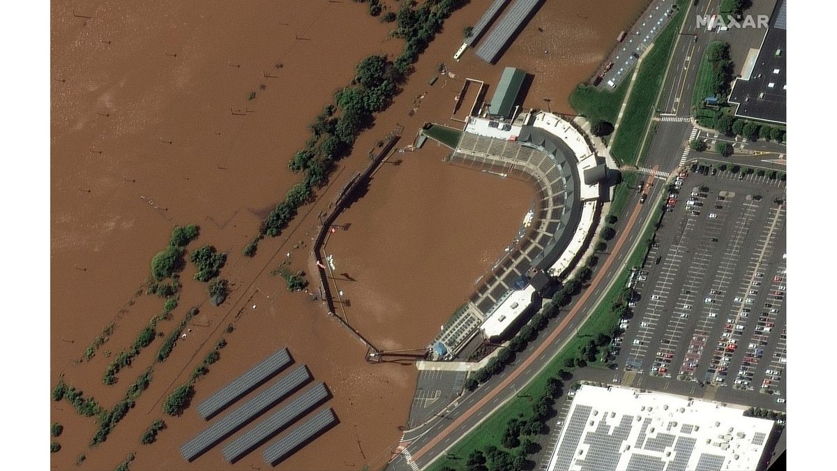 A GeoEye-1 satellite image of flooding at the TD Bank Ballpark in Bridgewater Township, New Jersey on Sept. 2, 2021.