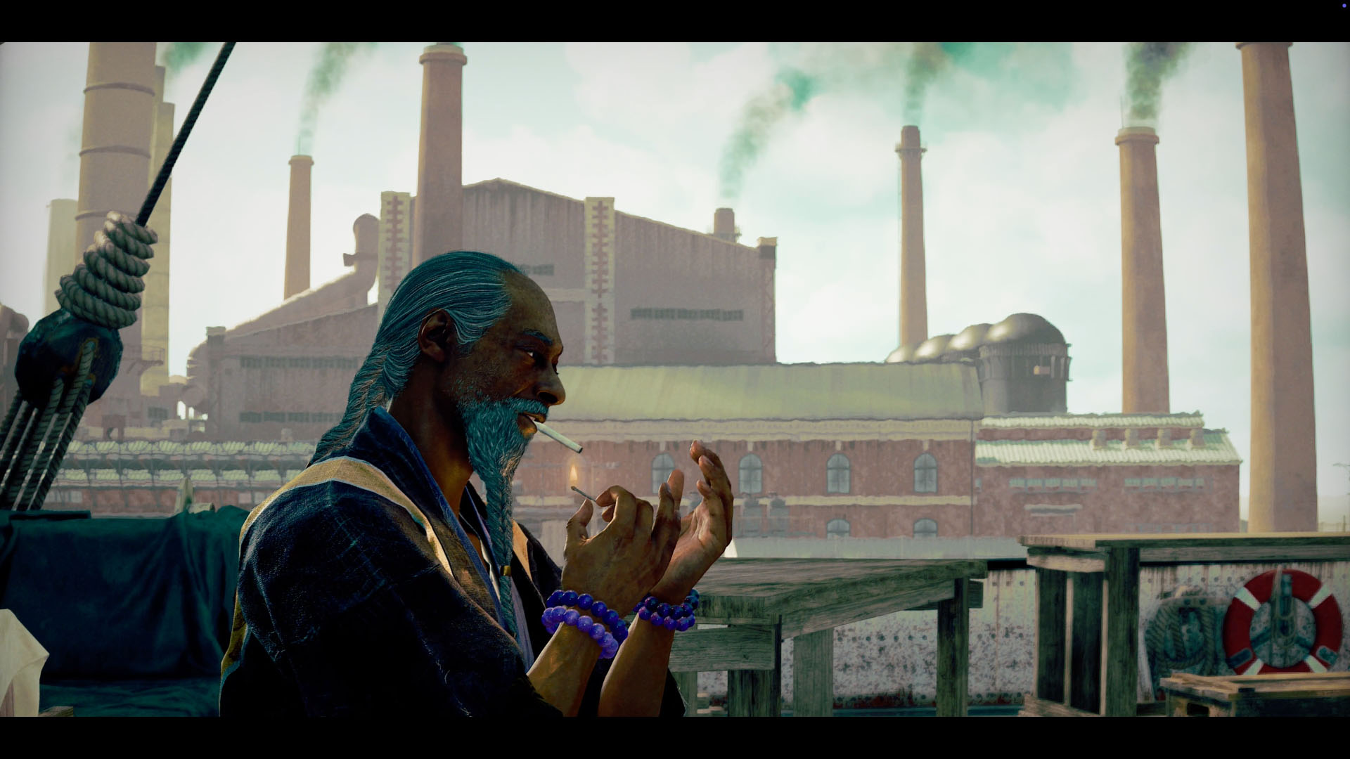 Orpheus, portrayed by Snoop Dogg in Stranger Than Heaven, lights up a cigarette from the side, with a factory churning out smoke from multiple smokestacks behind him