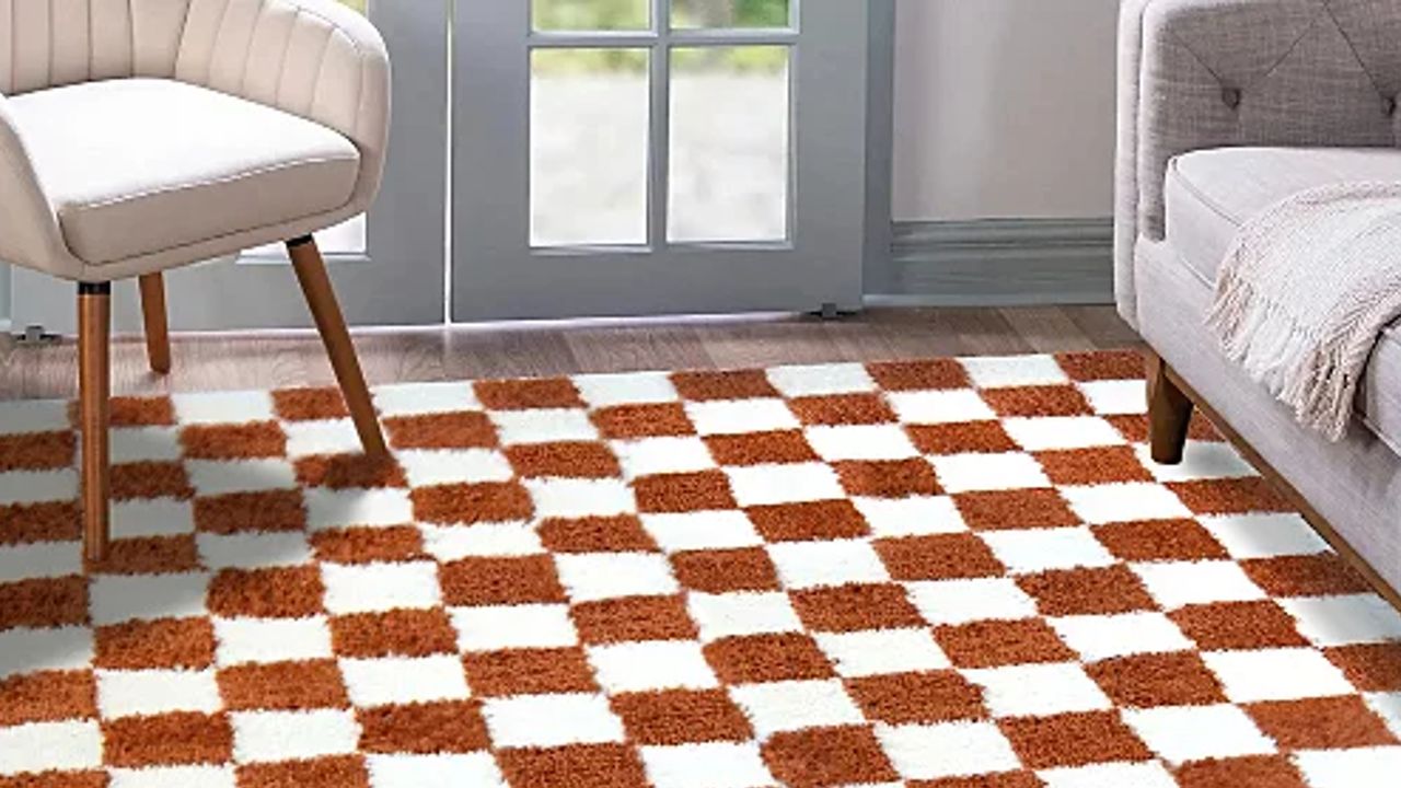 Checkerboard shaggy rug in living room