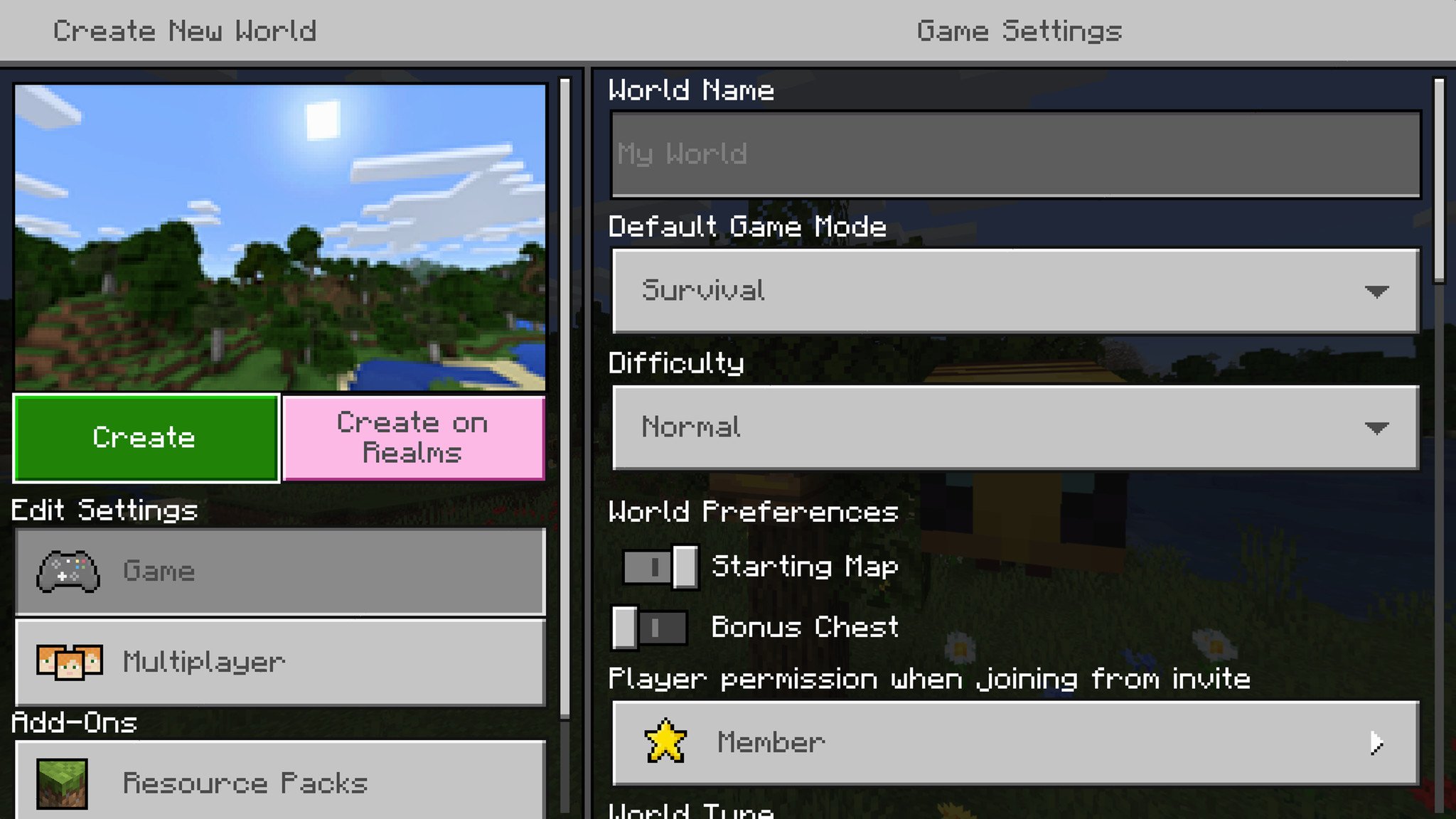 Minecraft "World" screen