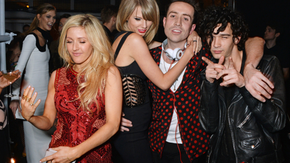 Karlie Kloss, Ellie Goulding, Taylor Swift, Nick Grimshaw and Matt Healy attend the Universal Music Brits party at The Soho House Pop-Up on February 25, 2015 in London, England