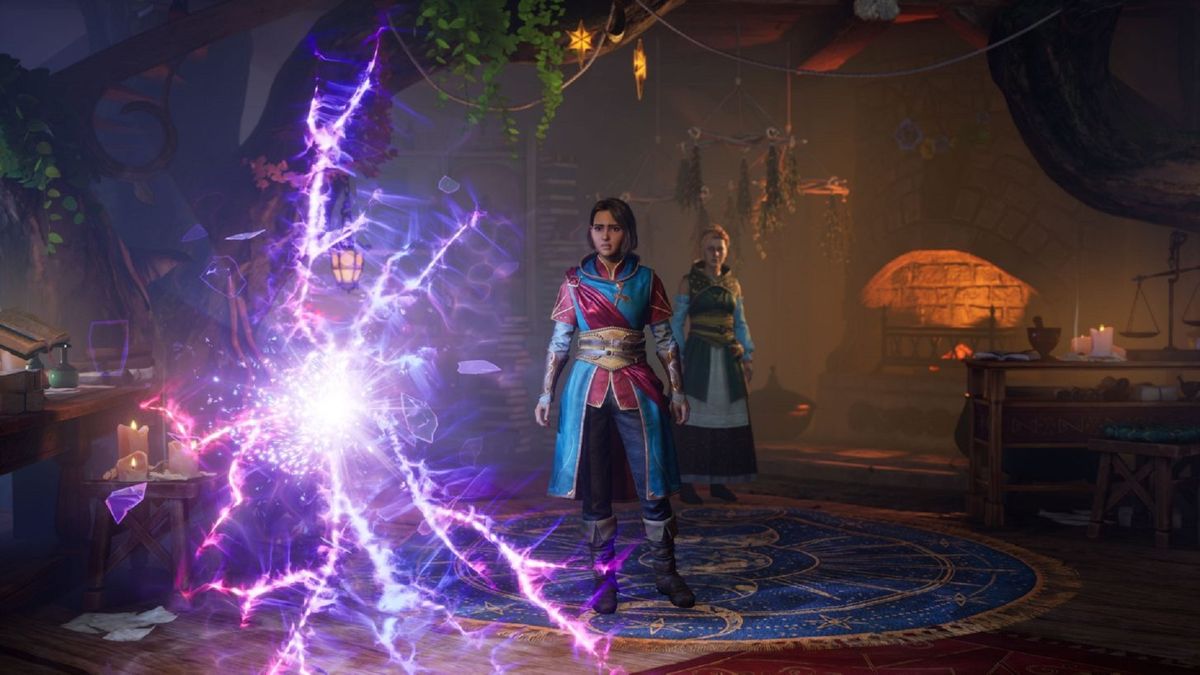 Split Fiction screenshot of Mio looking at mysterious purple sparks in a fantasy world with Zoe in the background