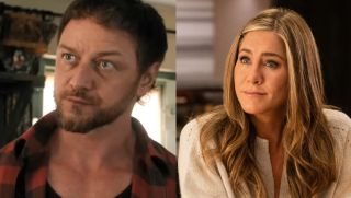 James McAvoy looking serious in Speak no evil/Jennifer Aniston looking off screen in The Morning Show