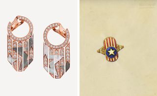 rose gold, mother of pearl and diamond earrings and Bulgari Stars and Stripes sketch from the 1970s