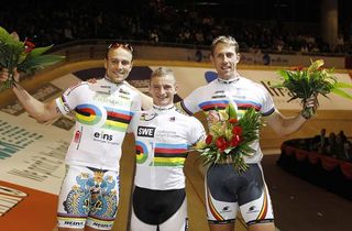 Max Levy, rene Enders and Stefan Nimke were awarded the team sprint world title after Frenchman Gregory Bauge was stripped of his results over whereabouts violations