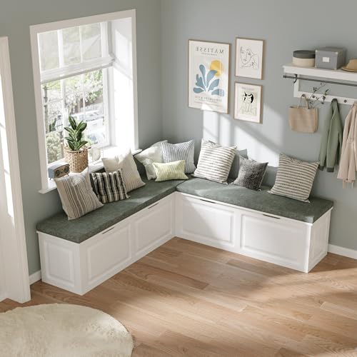 Premture L-Shaped Shoe Bench With Padded Seat, Shoe Storage Bench With 4 Hidden Storage Compartments, Wooden Hallway Bench for Entryway Living Room, White &amp;amp; Grey