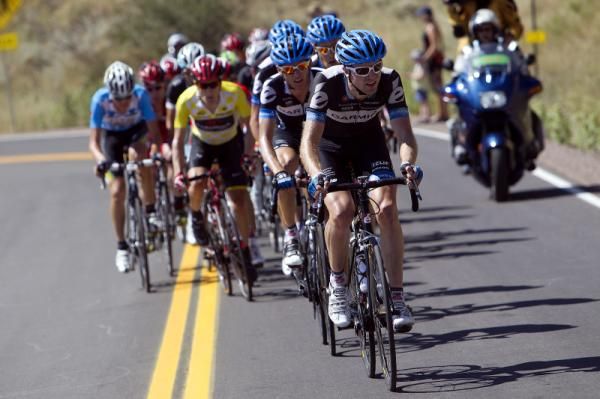 Tom Peterson (Garmin-Cervelo) leads an elite selection up the day's only climb, the category 3 Lookout Mountain.