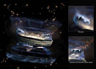 This artist's visualization shows a supermassive black hole surrounded by dust and gas forming tsunamis on its outer edges. The added close-ups show the tsunamis in more detail.