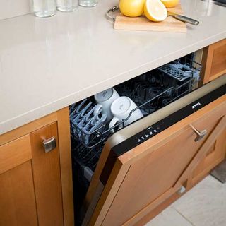 dish washer with cups in kitchen