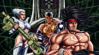 A shirtless man and two women in not much pose dramatically