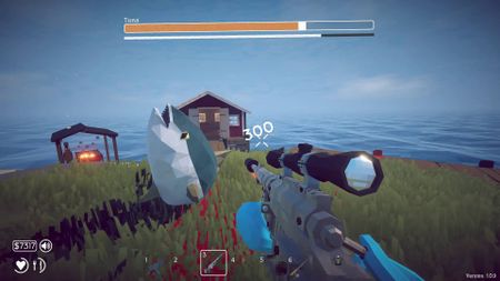 How to Fish player no-scoping a massive tuna miniboss with a sniper rifle