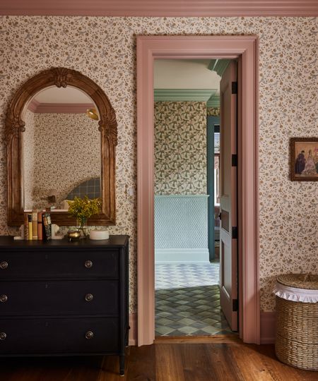 bedroom with pink trim