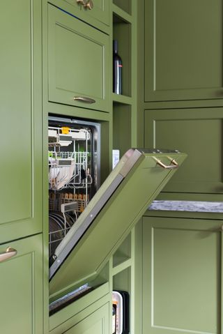 a dishwasher in a green kitchen